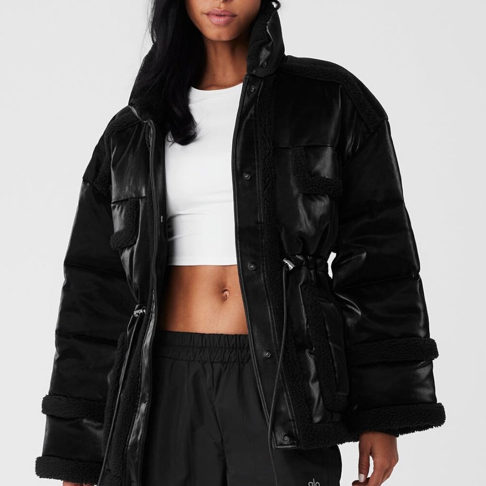 ALO Ice Breaker Puffer Jacket in Black Faux Leather Sherpa Size XS